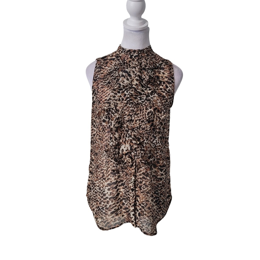 Lauren Ralph Lauren Size 4 Blouse Brown Animal Print Ruffle High Neck Sleeveless